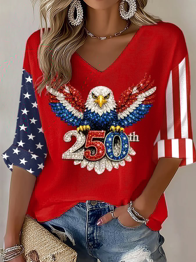 Women's American 250th Anniversary Three-Quarter Sleeve V-Neck Top