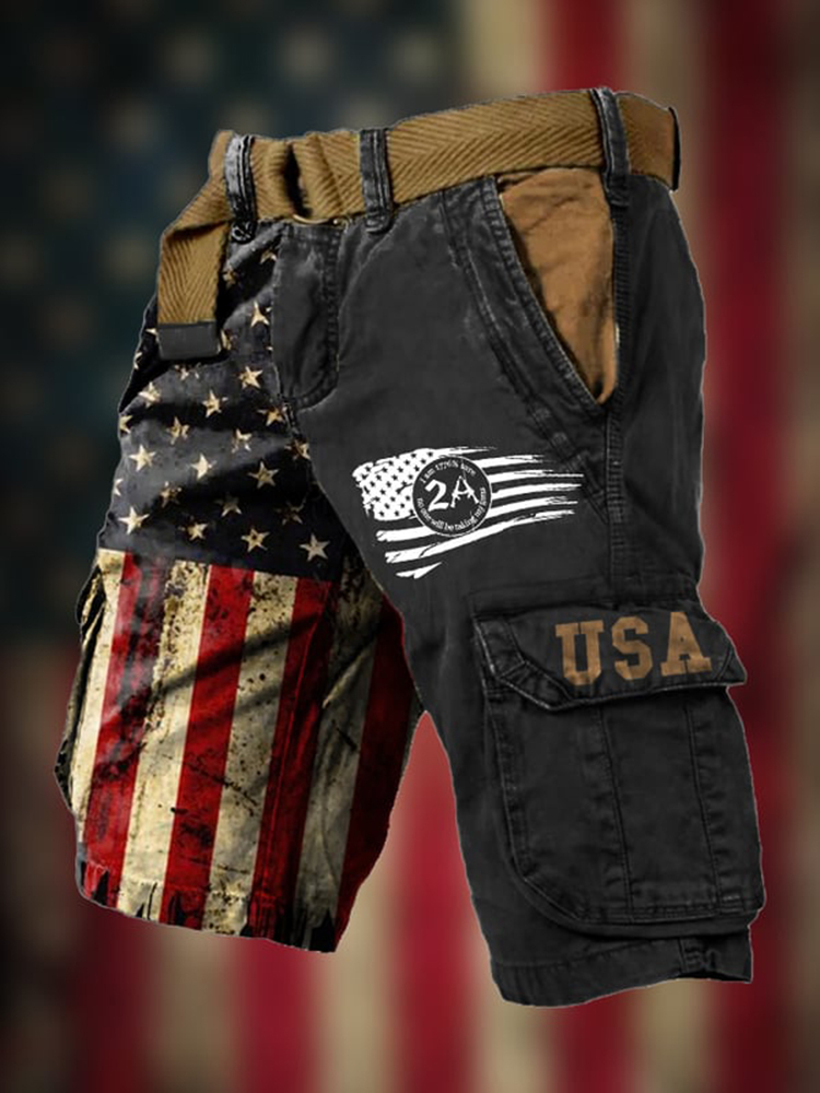 Men's Vintage Flag Independence Day 4th Of July Multi-Pocket Print Cargo Shorts