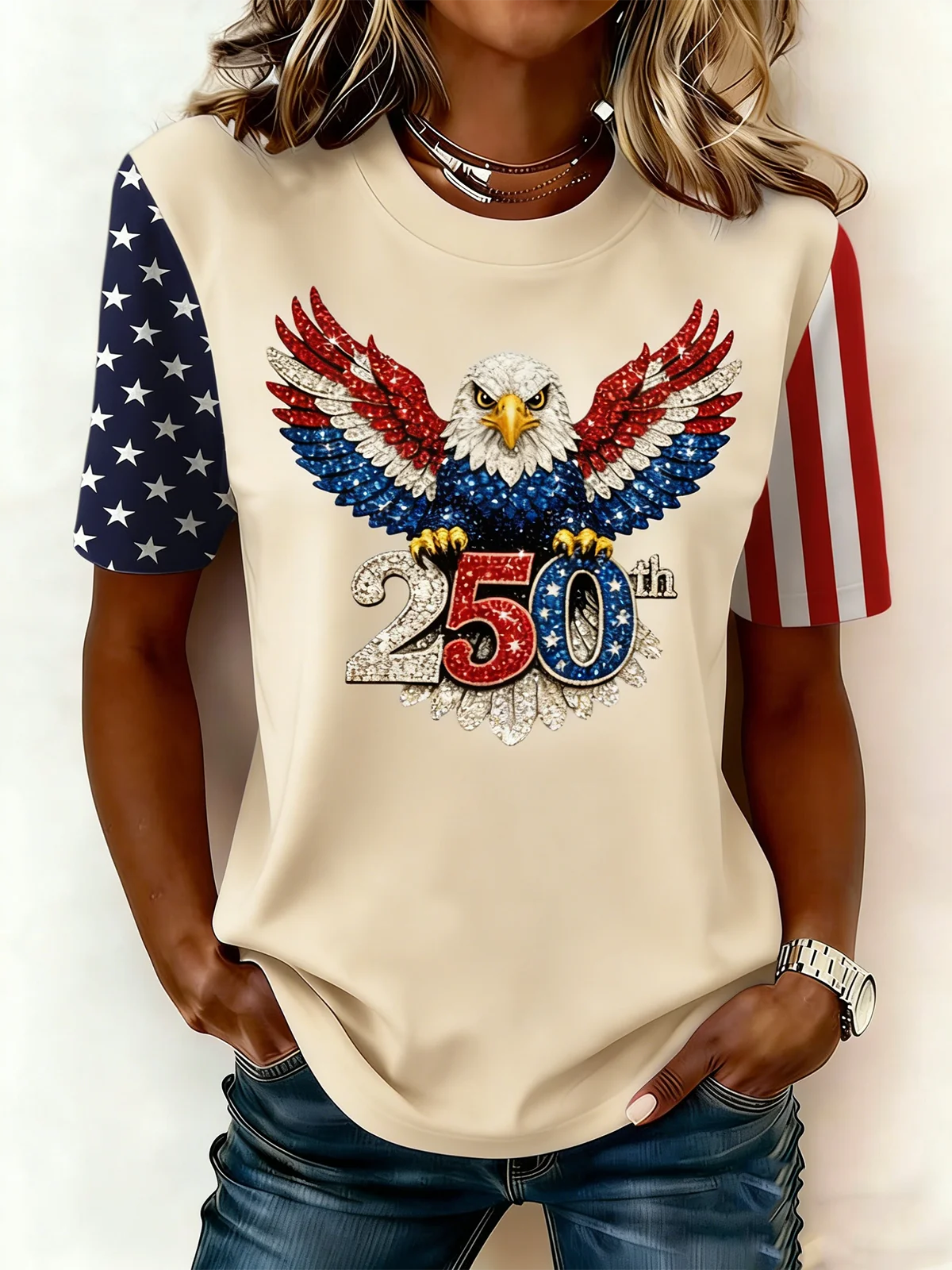 Women's Independence Day 250th Anniversary Eagle Graphic Crew Neck T-Shirt