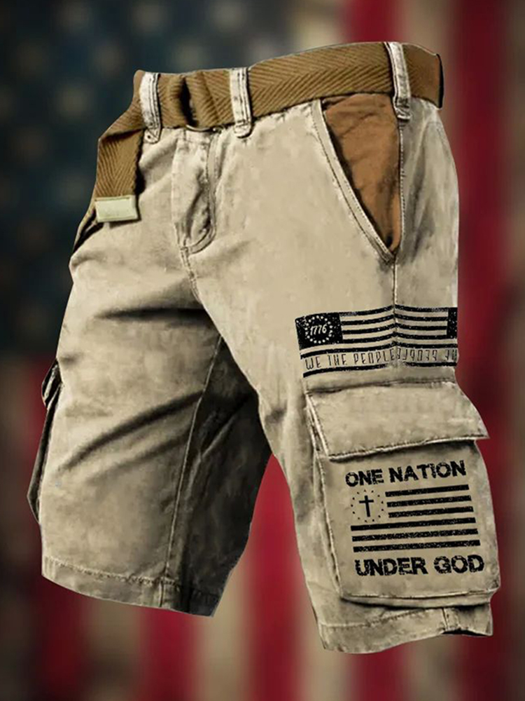 Men's Vintage God Bless America Print Cargo Shorts