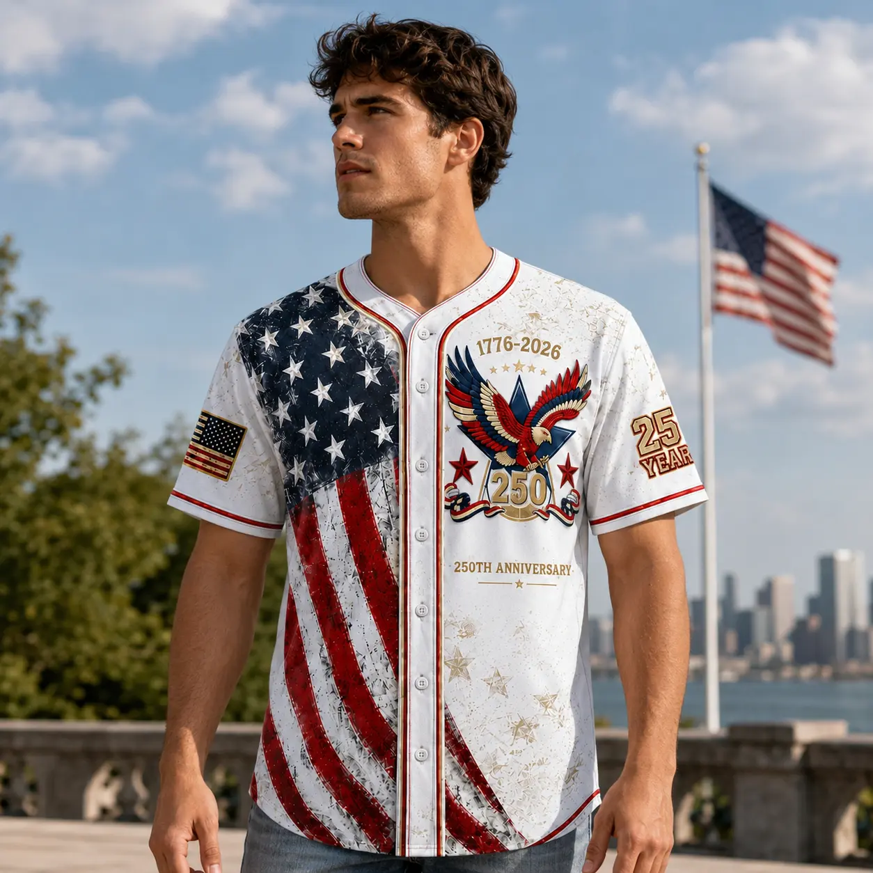 Unisex Patriotic Baseball Jersey, Vintage 250th Anniversary Button Down Shirt with Distressed American Flag Eagle Graphic for 4th of July Outfits 1776-2026, Clothes, Shirts