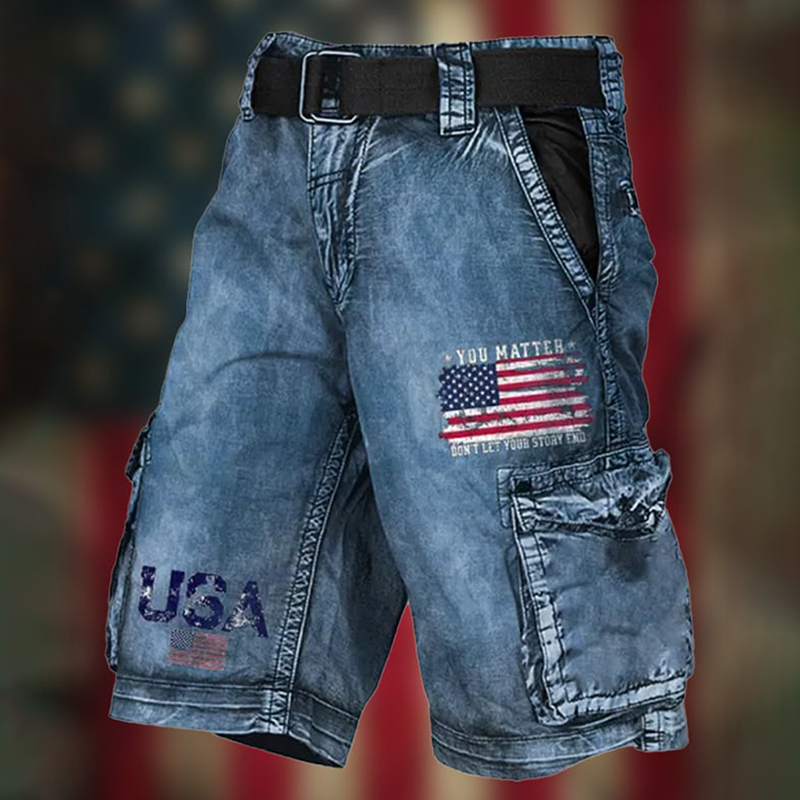 Men'S Vintage Flag Independence Day Multi-Pocket Print Cargo Shorts