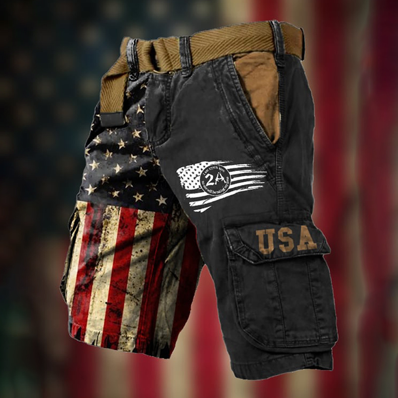 Men's Vintage Flag Independence Day 4th Of July Multi-Pocket Print Cargo Shorts