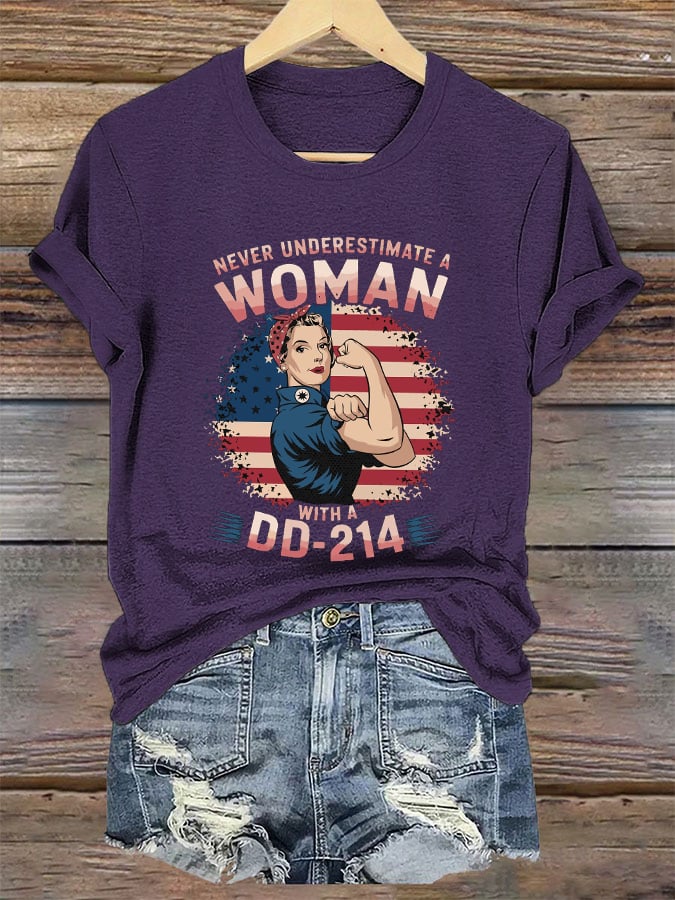 Women's "Never Underestimate a Woman with DD-214" Print T-Shirt
