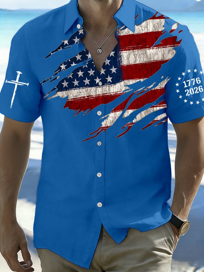 Men's 250th Anniversary National Flag Print Casual Short-Sleeved Shirt