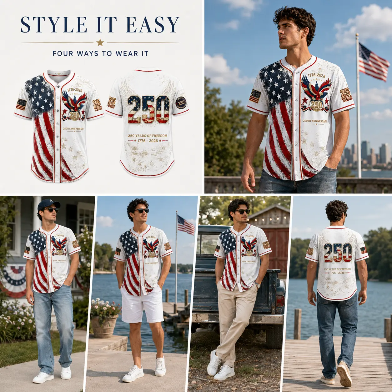 Unisex Patriotic Baseball Jersey, Vintage 250th Anniversary Button Down Shirt with Distressed American Flag Eagle Graphic for 4th of July Outfits 1776-2026, Clothes, Shirts