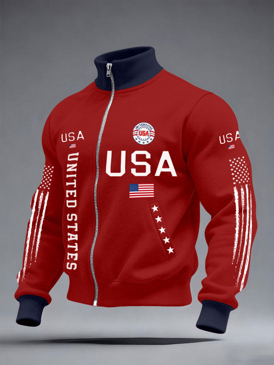 Men’s Stars and Stripes Jacket – American Style Zip-Up Outerwear