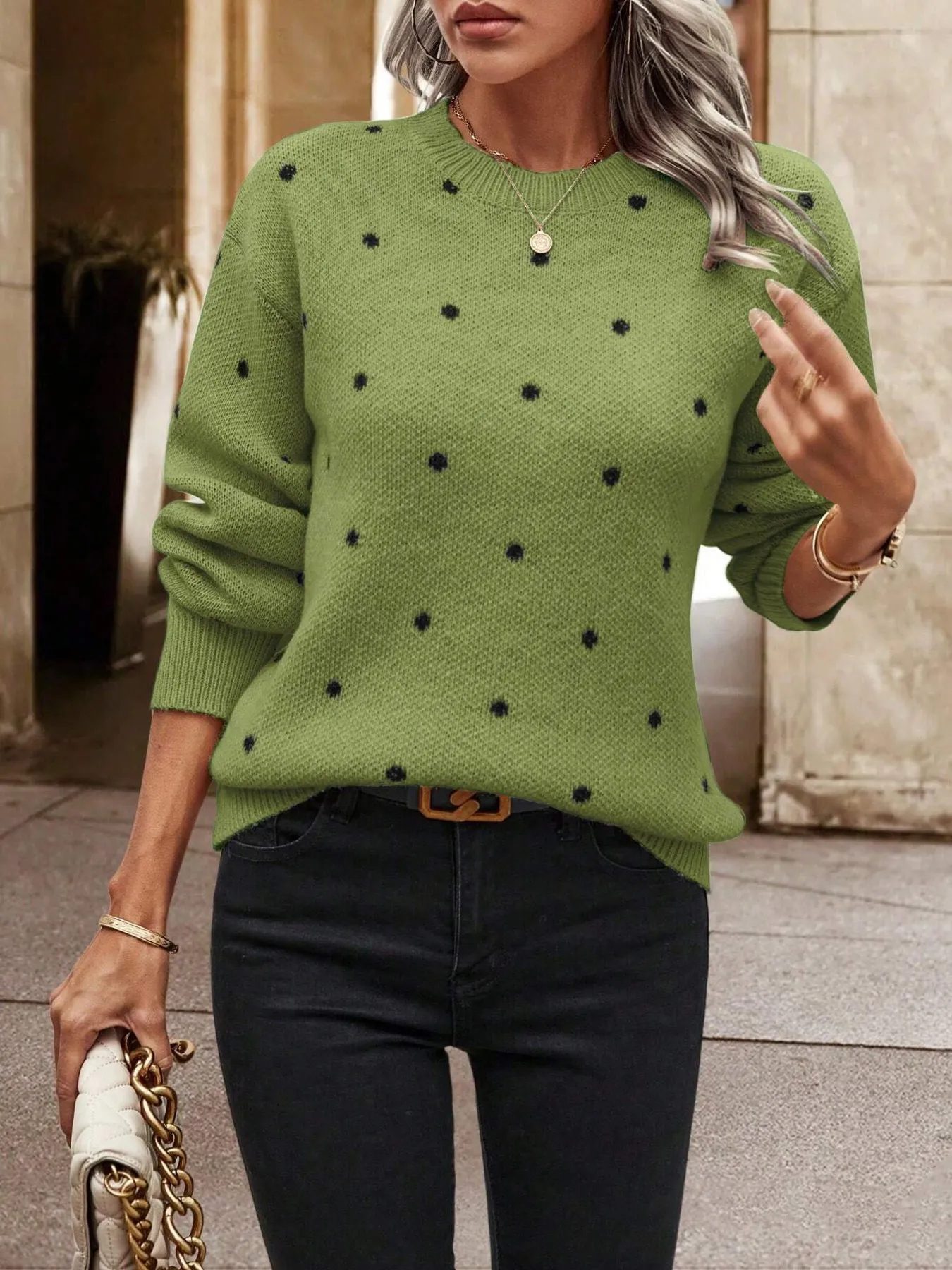 🔥-Women's Classic Polo Neck Sweet polka dots Color Sweater Top