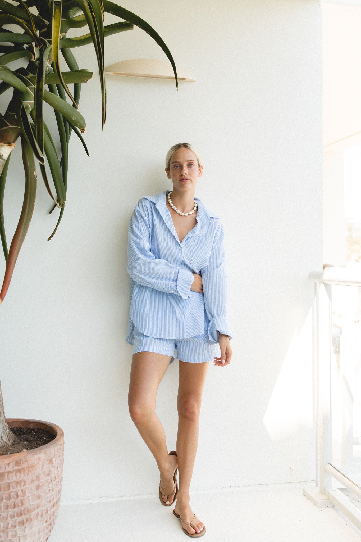 Ocan Blue Cotton Striped Shorts Set