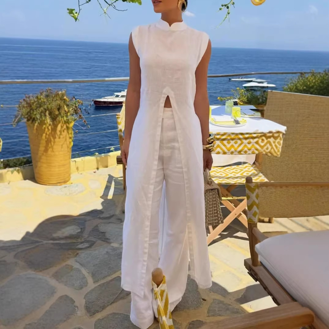 QUEENWAY | Elegant Resort Linen Blend Stand Neck Front Slit Midi Top and Elastic Waist Loose Pants Set