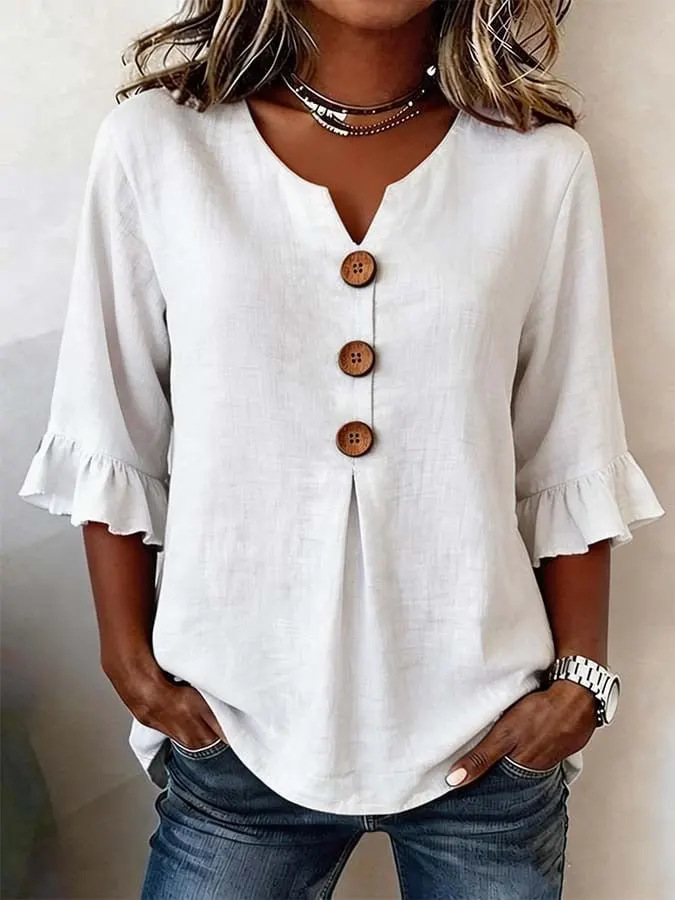 Ruffle-Sleeve Linen Blouse