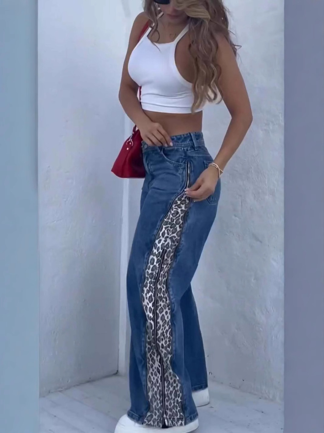 2026 Women's Zippered Leopard Print High-Waisted Wide-Leg Jeans