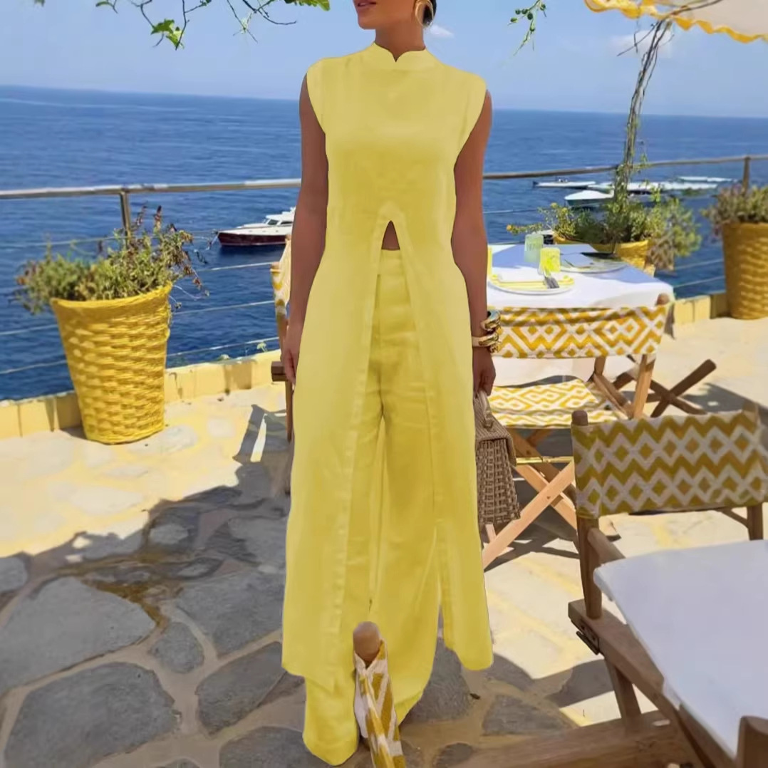 QUEENWAY | Elegant Resort Linen Blend Stand Neck Front Slit Midi Top and Elastic Waist Loose Pants Set