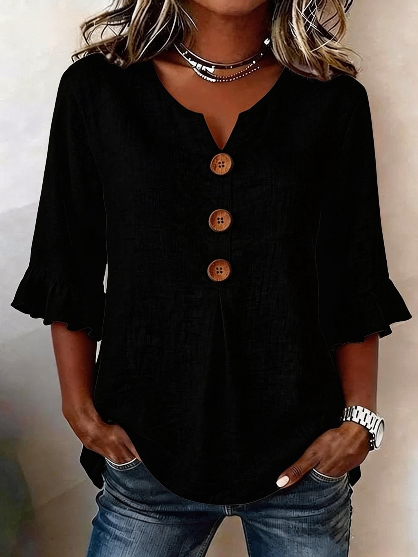 Ruffle-Sleeve Linen Blouse