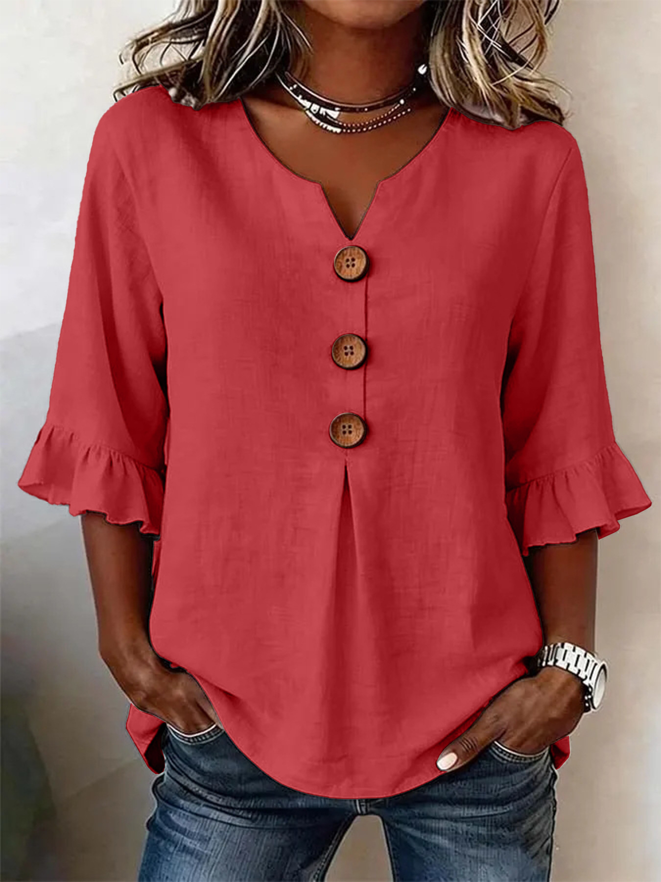 Ruffle-Sleeve Linen Blouse