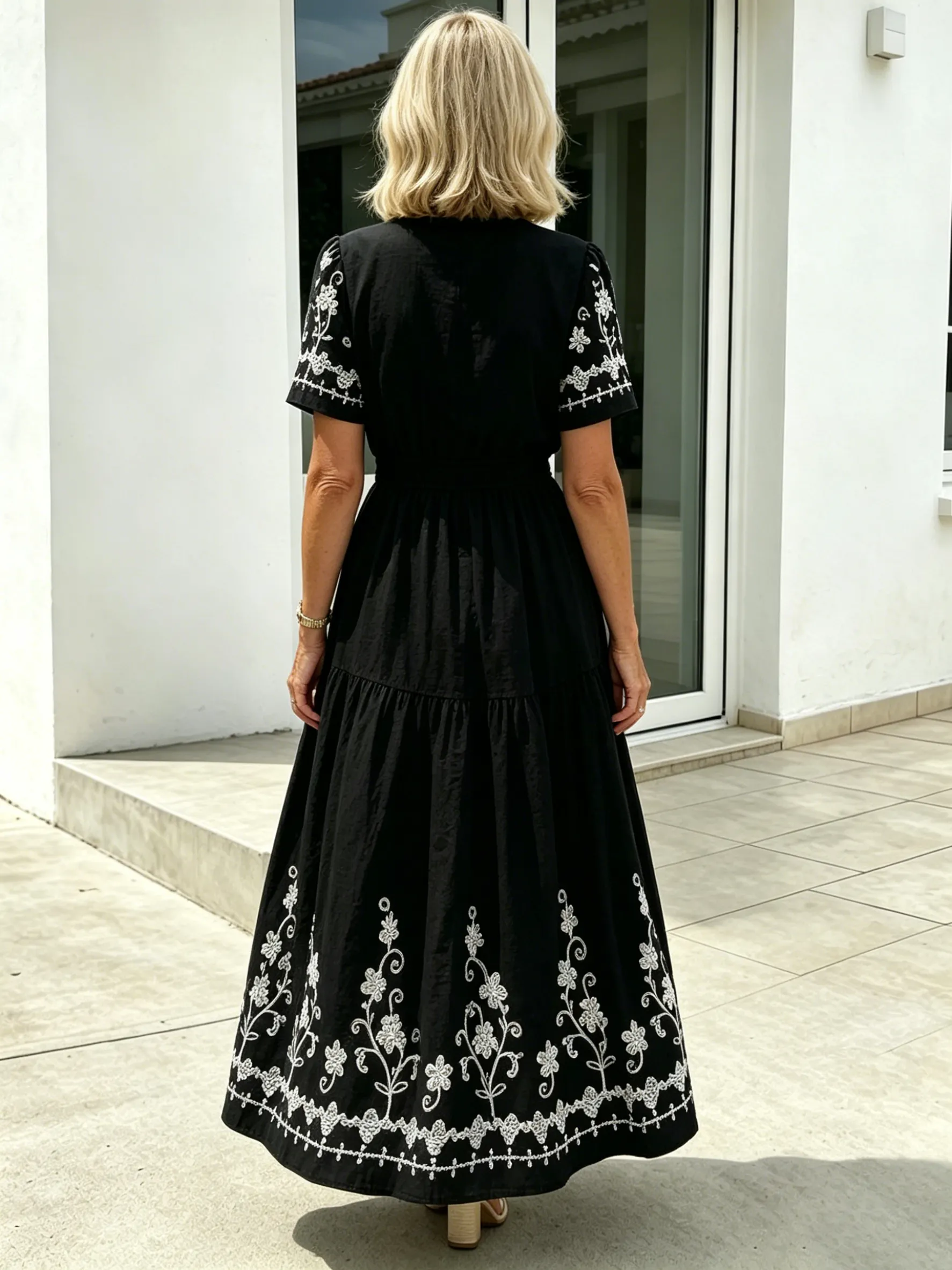 QUEENWAY | Simia Floral Short-sleeved Dress V-neck A-shaped Skirt