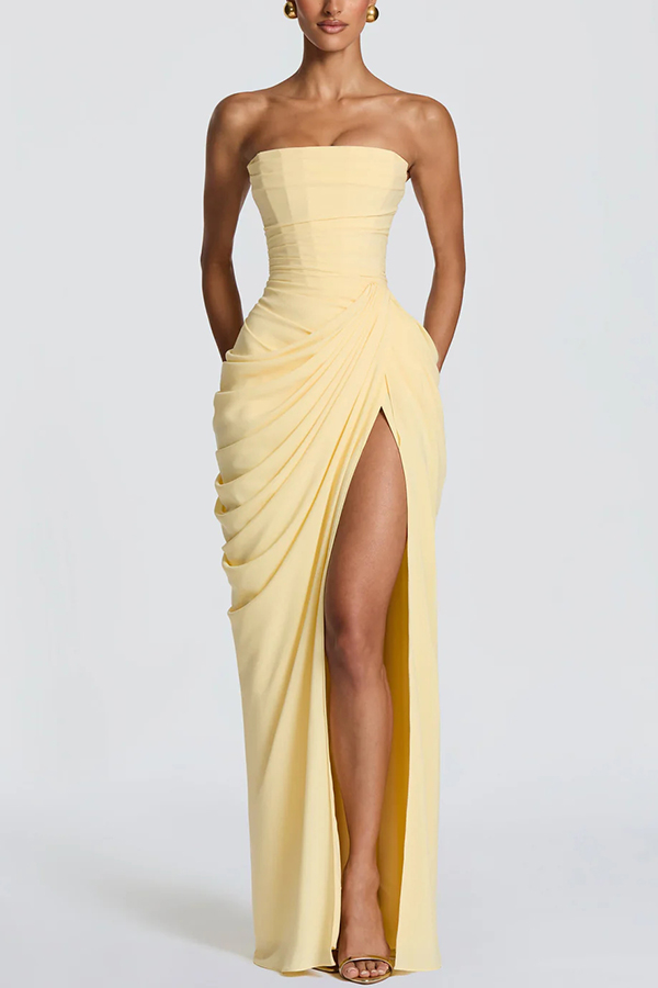 Chiffon Back Lace-up Asymmetrical Pleats Strapless Slit Maxi Dress