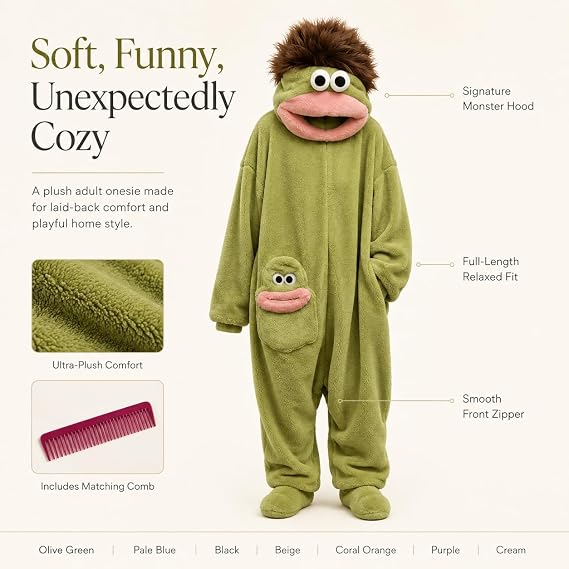 Funny Big Mouth Monster Hooded Onesie Pajamas with Large Comb - Oversized Plush Fleece Loungewear Nightwear for Sleeping, Parties