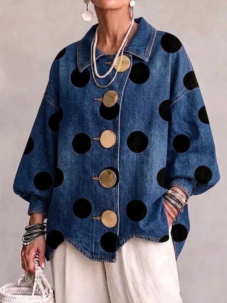 QUEENWAY | Oversized Polka-dot Denim Jacket With Lapel, Irregular Hem, And Large Metal Buttons