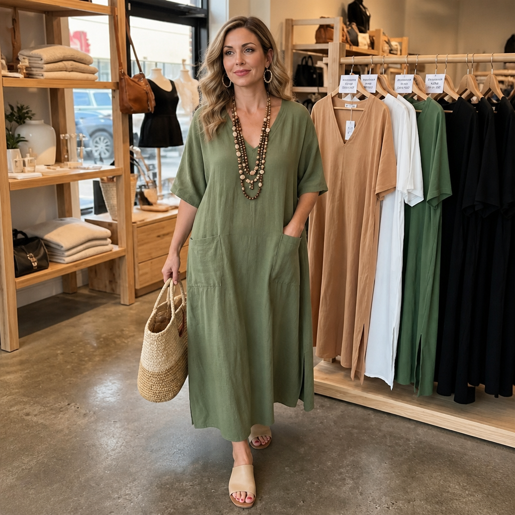 Pocketed Loose-Fit V-Neck Maxi Dress