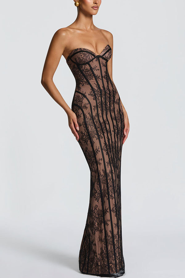 Floral Lace Contrast Structural Detail Back Lace-up Strapless Slit Maxi Dress