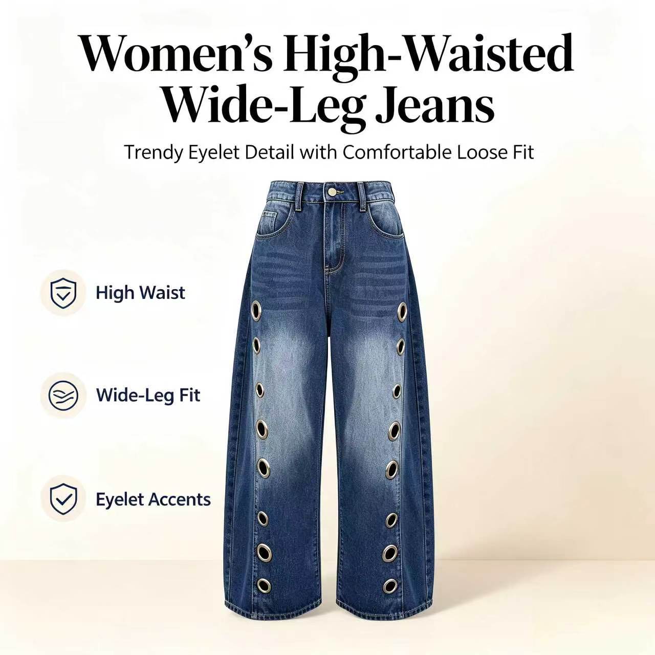 UOOZEE Women's 2026 New High-Waist Buttoned Geometric Hollow Pocket Loose Cotton Denim Trousers - Spring-Summer Casual Wear Everyday Bottoms with Eyelet Cutouts- Pair with Top, Tank Top,back to school shopping
