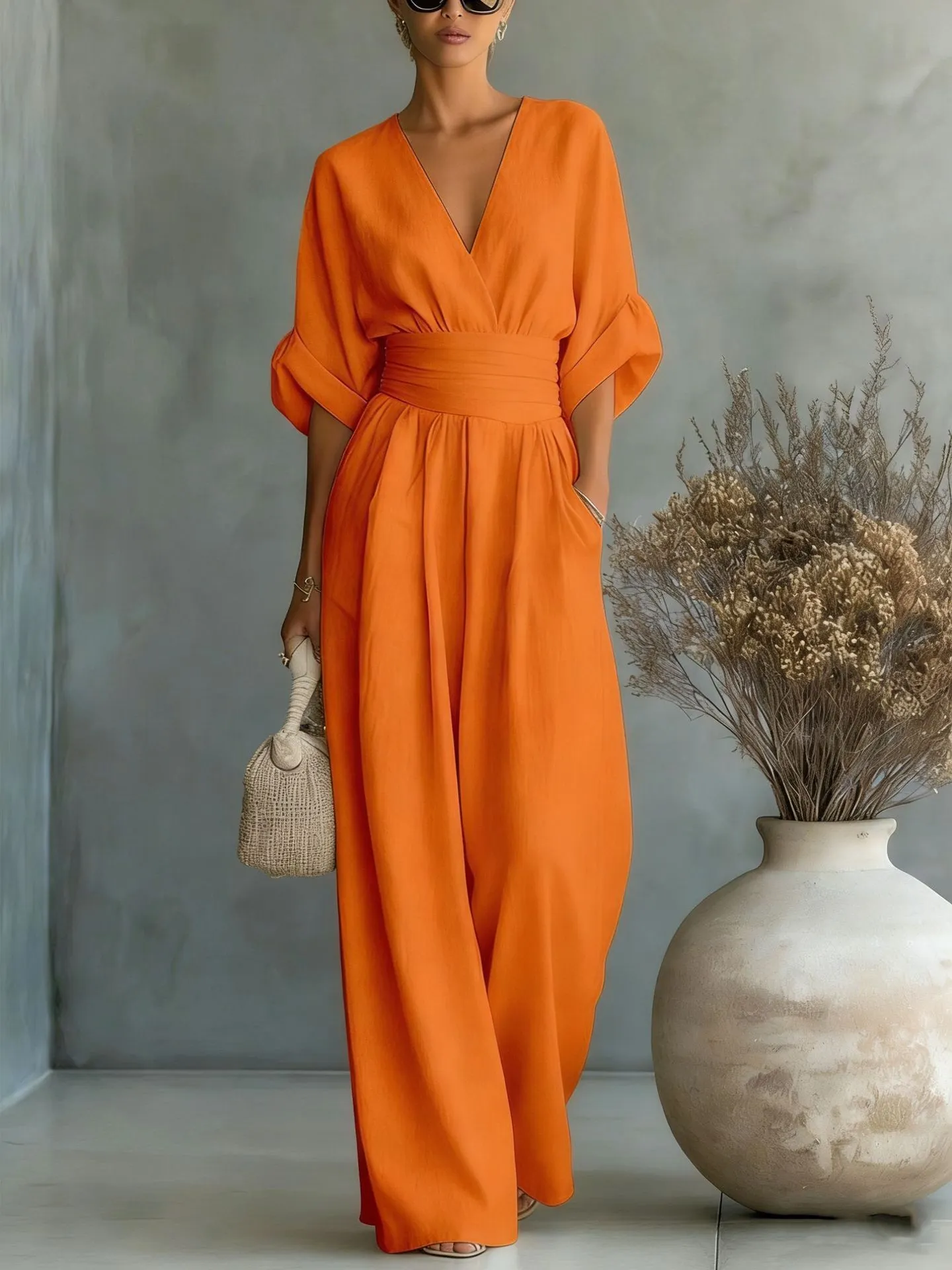 QUEENWAY | Women's Solid Color Elegant V-Neck Jumpsuit