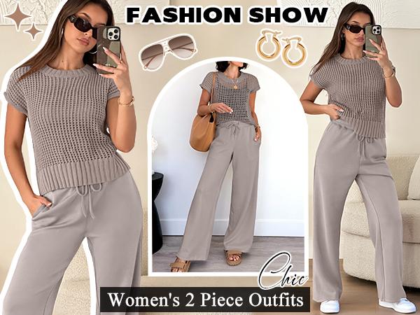 ANRABESS Women's Summer 2-Piece Crochet Sheer Knit Round Neck Shortsleeve Sweater Top & Wide Leg Pants Matching Clothes Set, Comfortable for Vacation & Going Out