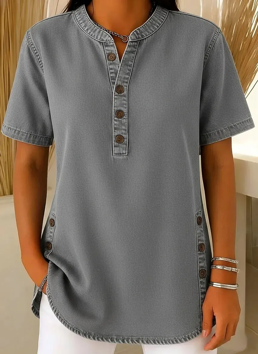 Women's Long Denim Shirt – V-Neck Short-Sleeve Pullover (2026)