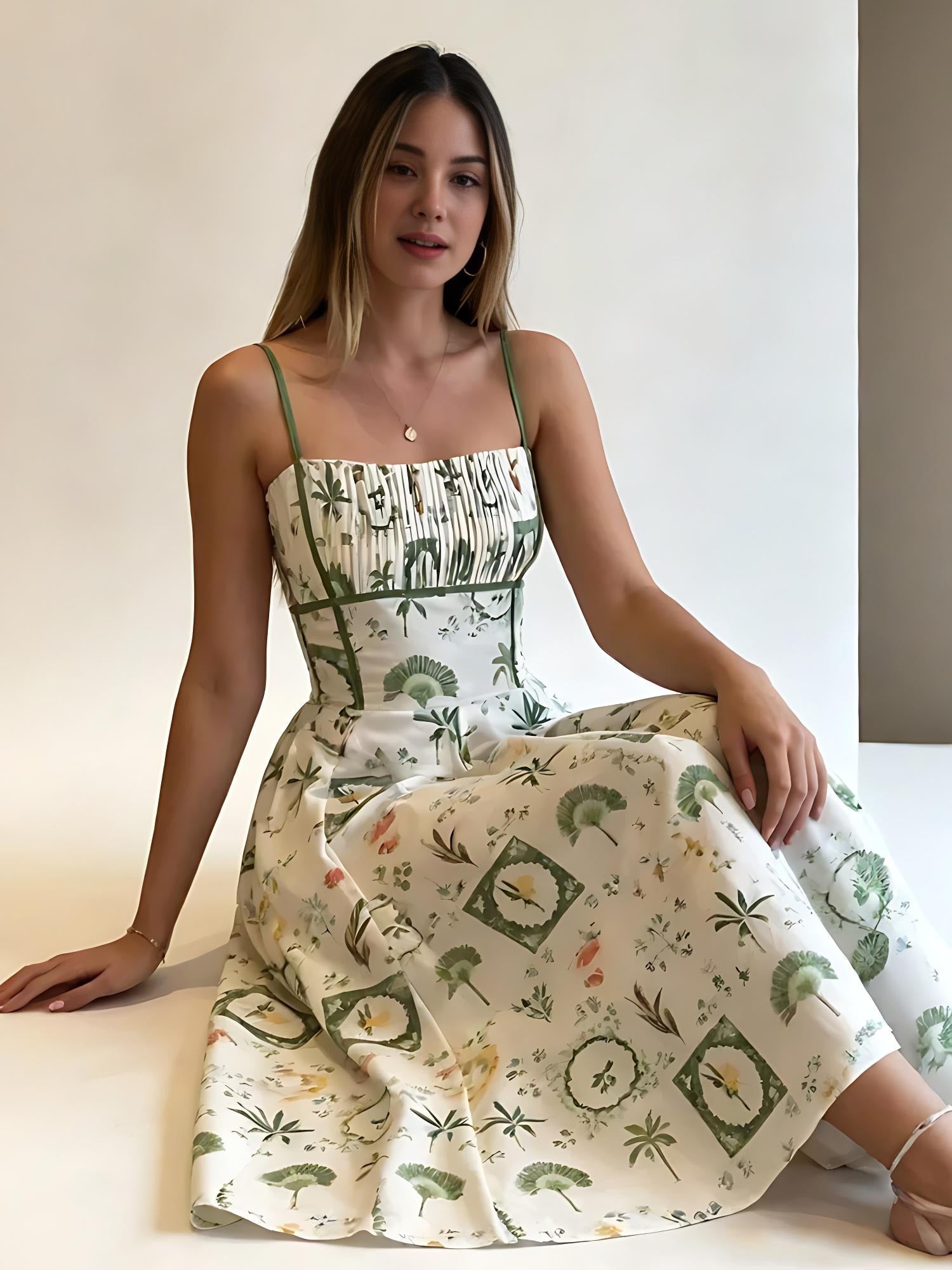 QUEENWAY | Green Botanical Print Smocked Midi Dress