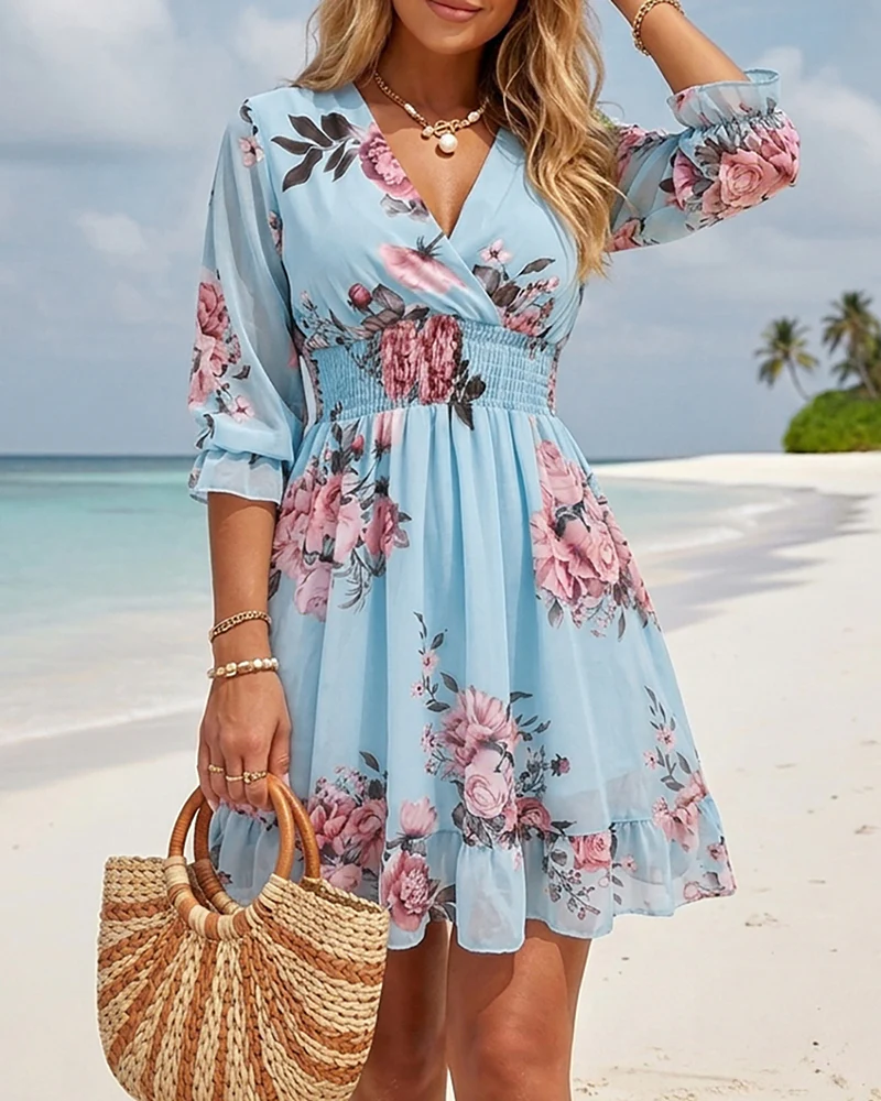 2026 Women's Oil Painting Floral Chiffon Dress V Neck Three Quarters Sleeve Shirred High Waist Ruffle Hem A Line Dress