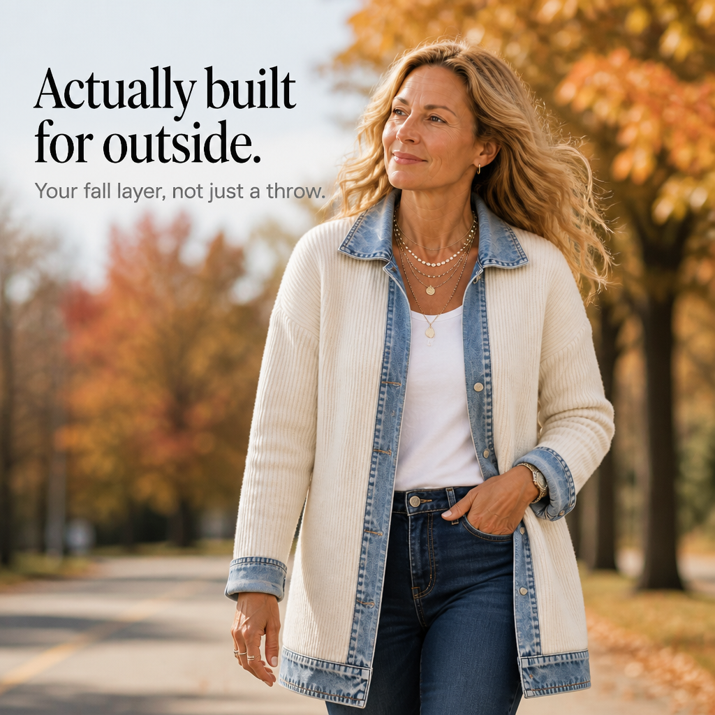 QUEENWAY | Ribbed Knit Coat With Denim Panels