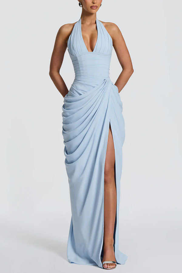 🔥HOT SALE 49% Off🔥Minette Halter Back Lace-up Asymmetrical Pleats Slit Maxi Dress