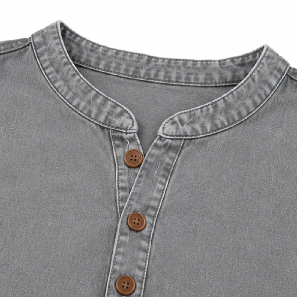 Women's Long Denim Shirt – V-Neck Short-Sleeve Pullover (2026)