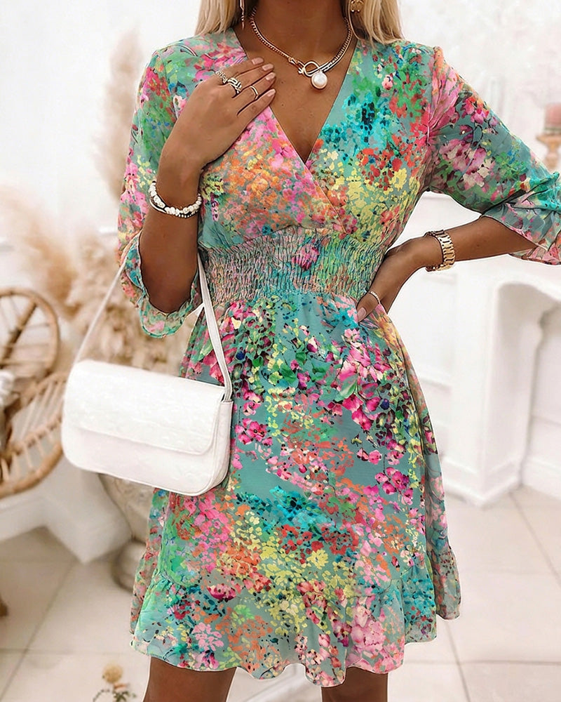 2026 Women's Oil Painting Floral Chiffon Dress V Neck Three Quarters Sleeve Shirred High Waist Ruffle Hem A Line Dress