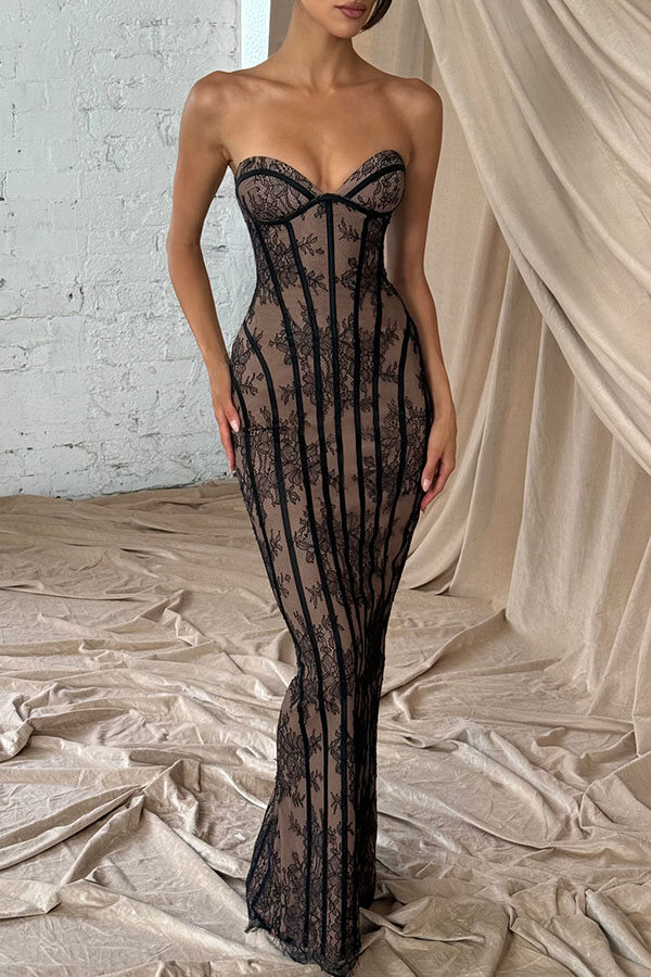 Floral Lace Contrast Structural Detail Back Lace-up Strapless Slit Maxi Dress