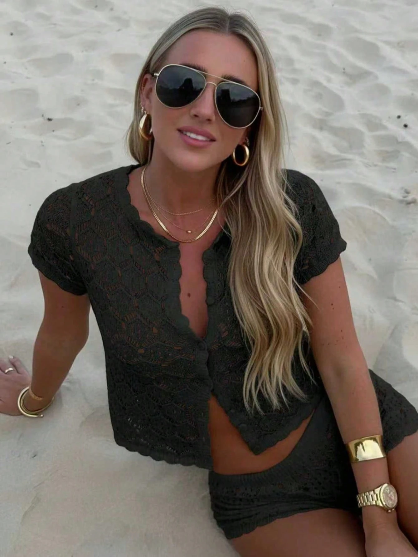Crochet Mesh Sexy Hollow Out Beach Short Sleeve Knit Cardigan + Shorts 2 Pieces Set (2026)