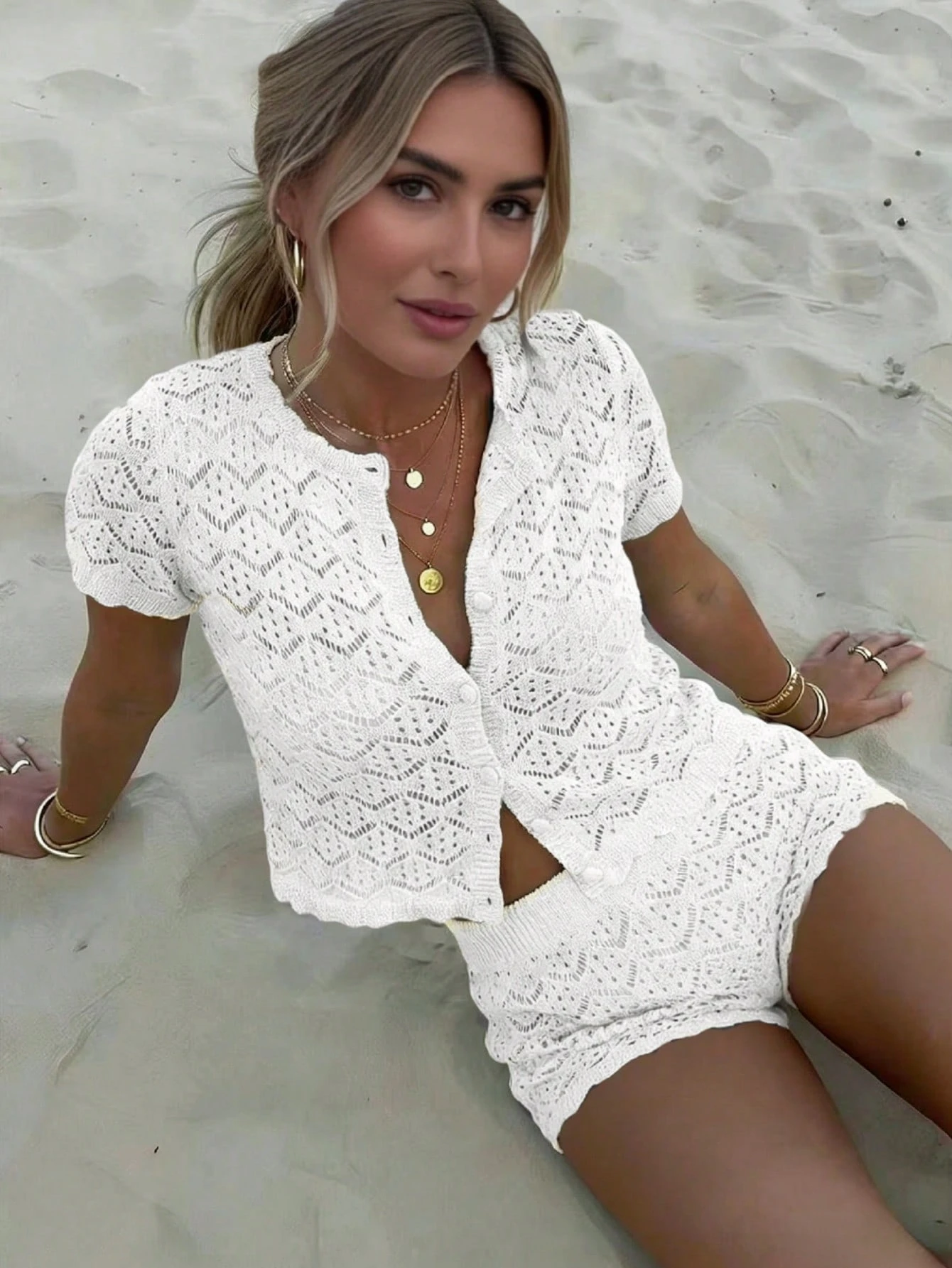 Crochet Mesh Sexy Hollow Out Beach Short Sleeve Knit Cardigan + Shorts 2 Pieces Set (2026)