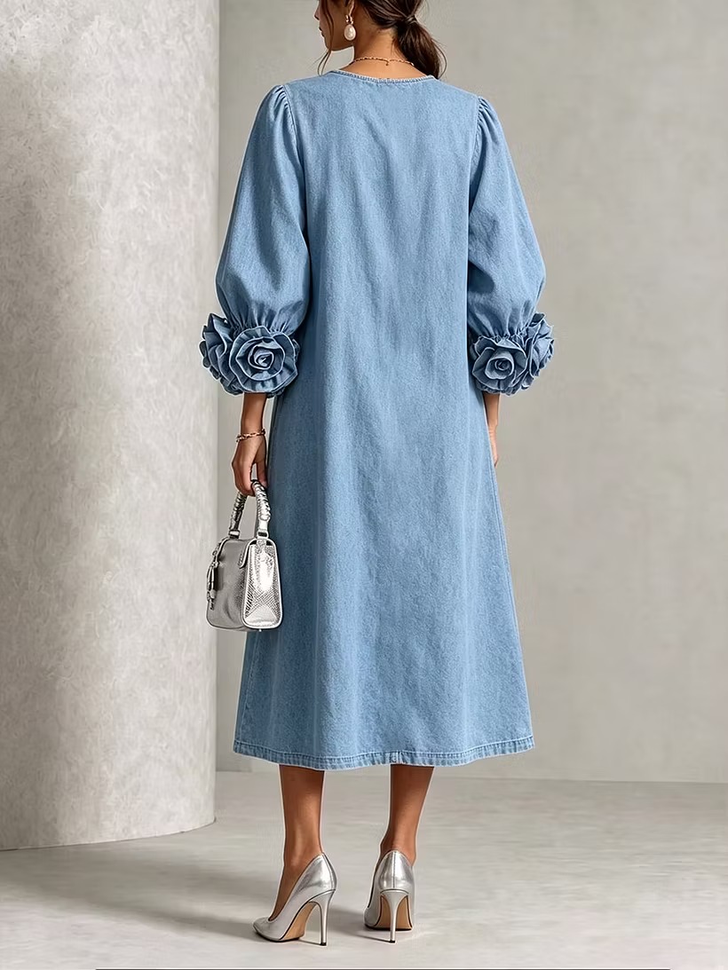QUEENWAY | Chic Chambray Denim 3D Rosette Sleeve Midi Dress