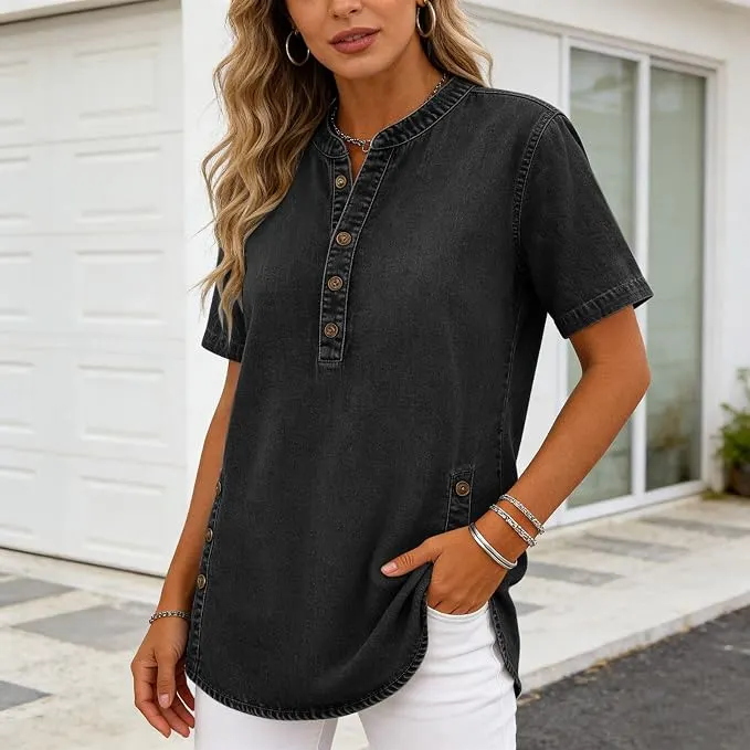 Women's Long Denim Shirt – V-Neck Short-Sleeve Pullover (2026)