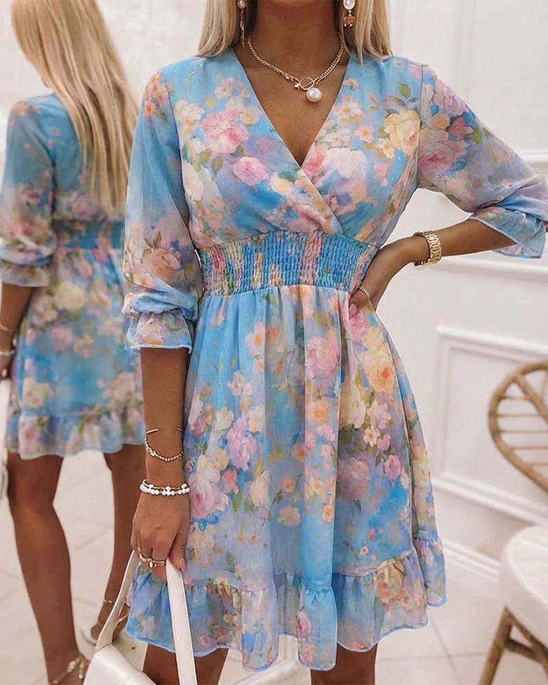 2026 Women's Oil Painting Floral Chiffon Dress V Neck Three Quarters Sleeve Shirred High Waist Ruffle Hem A Line Dress