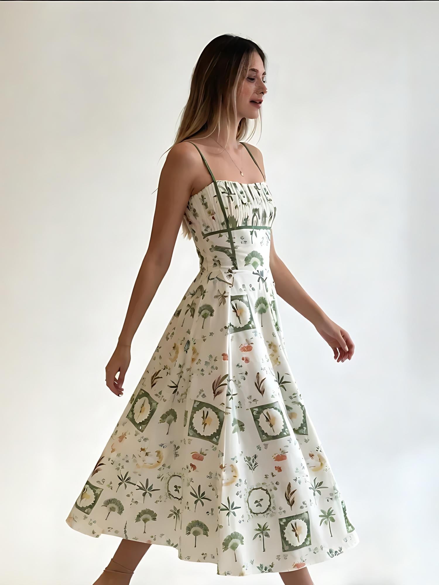 QUEENWAY | Green Botanical Print Smocked Midi Dress