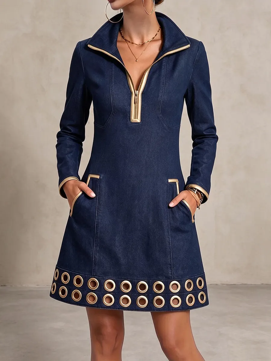 QUEENWAY | Women's Long-sleeved Casual Loose Denim Dress With Gold Trim And Metallic Eyelets