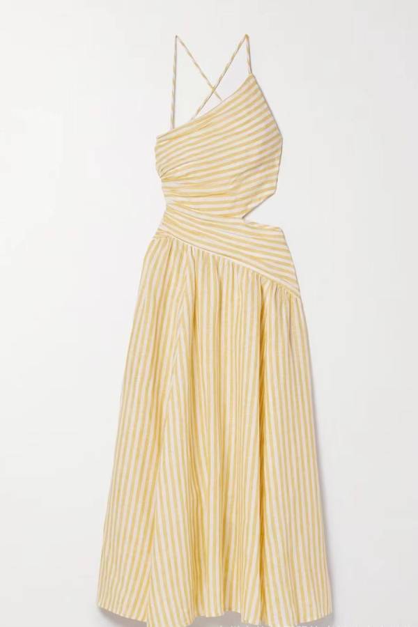 QUEENWAY | One-Shoulder Halter Stripe Cutout Flare Midi Dress