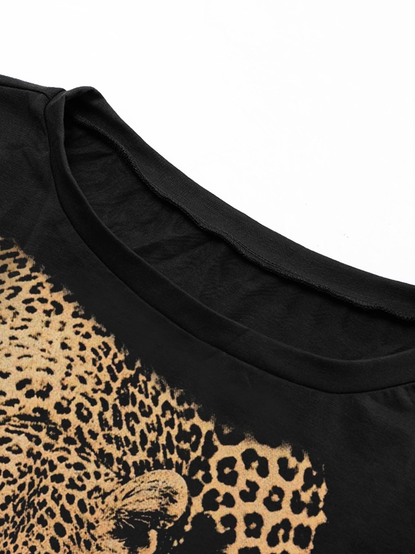 Women's Loose Fit Short Sleeve Off-Shoulder T-Shirt, Leopard Print Design, Casual Style, Perfect for Outing and Shopping, Y2K Fashion