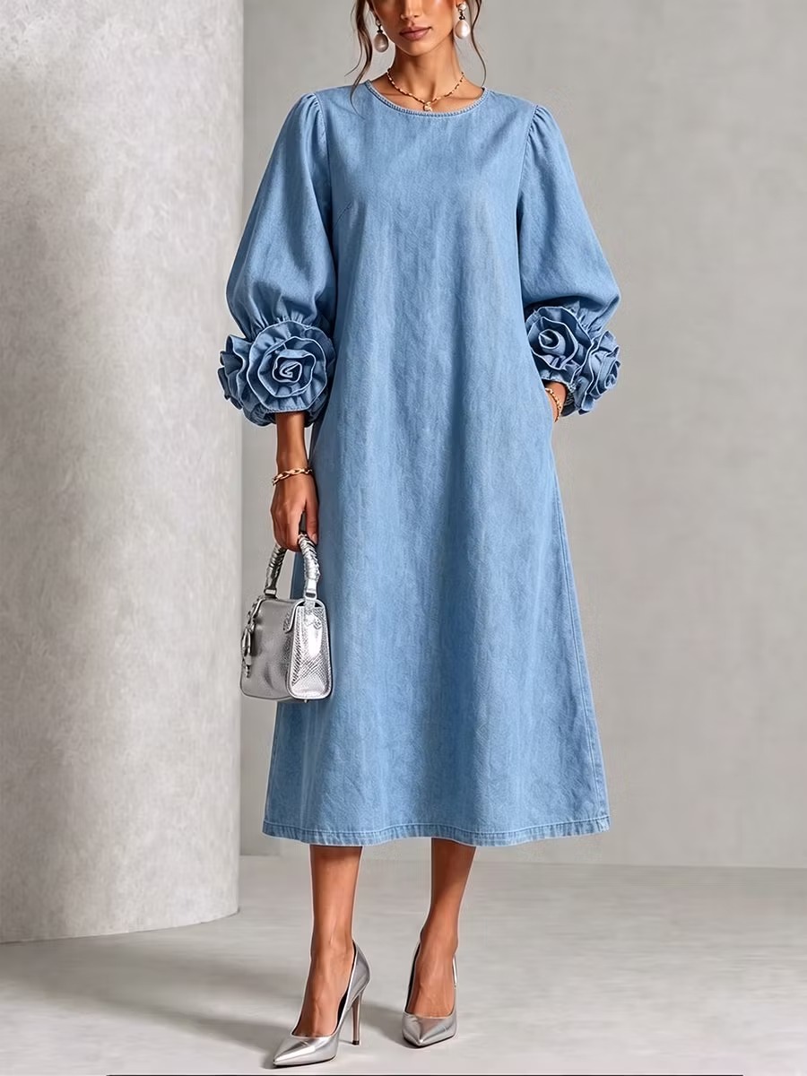 QUEENWAY | Chic Chambray Denim 3D Rosette Sleeve Midi Dress
