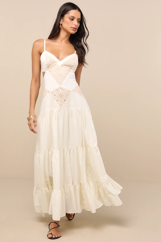 QUEENWAY \ Maisha Ivory and Beige Embroidered Drop Waist Maxi Dress