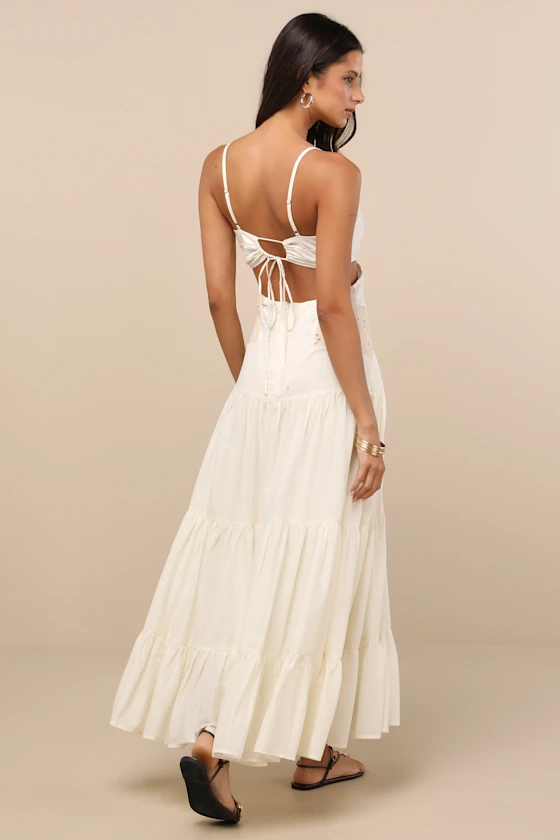 QUEENWAY \ Maisha Ivory and Beige Embroidered Drop Waist Maxi Dress