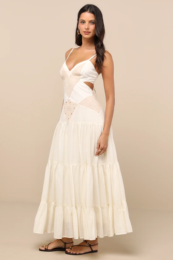 QUEENWAY \ Maisha Ivory and Beige Embroidered Drop Waist Maxi Dress