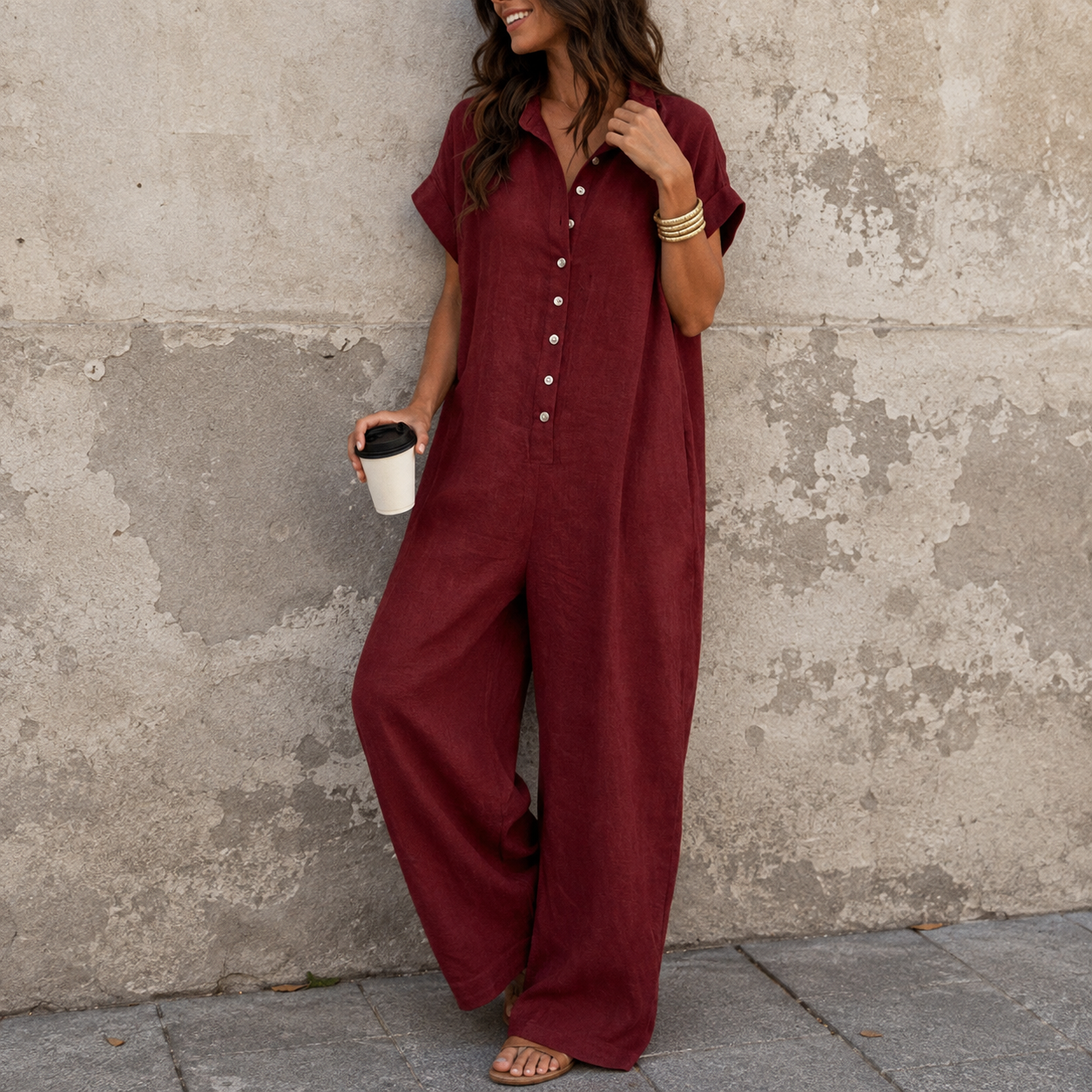 QUEENWAY | Wide-Leg Button-Front Shirt Collar Jumpsuit